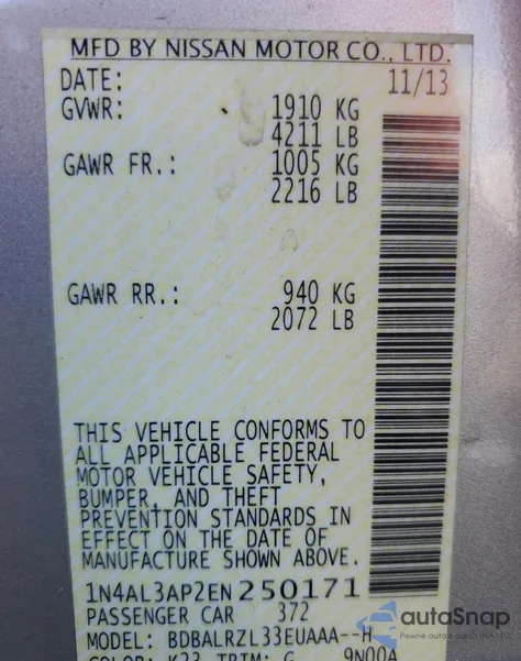 2014 Nissan Altima 2.5 из США, поврежденный, VIN 1N4AL3AP2EN250171